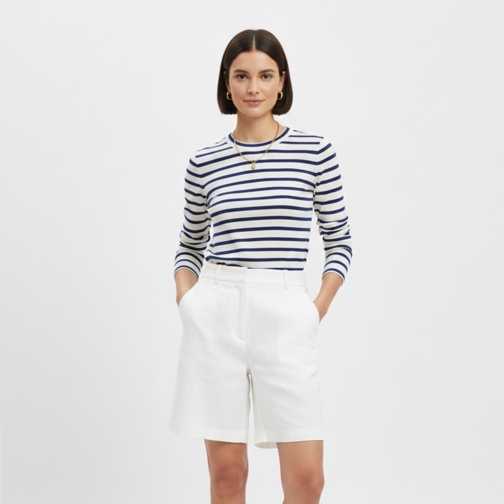 Argent Striped Long Sleeve Crew Neck Top Navy & White Ribbed Knit Capsule Size S
